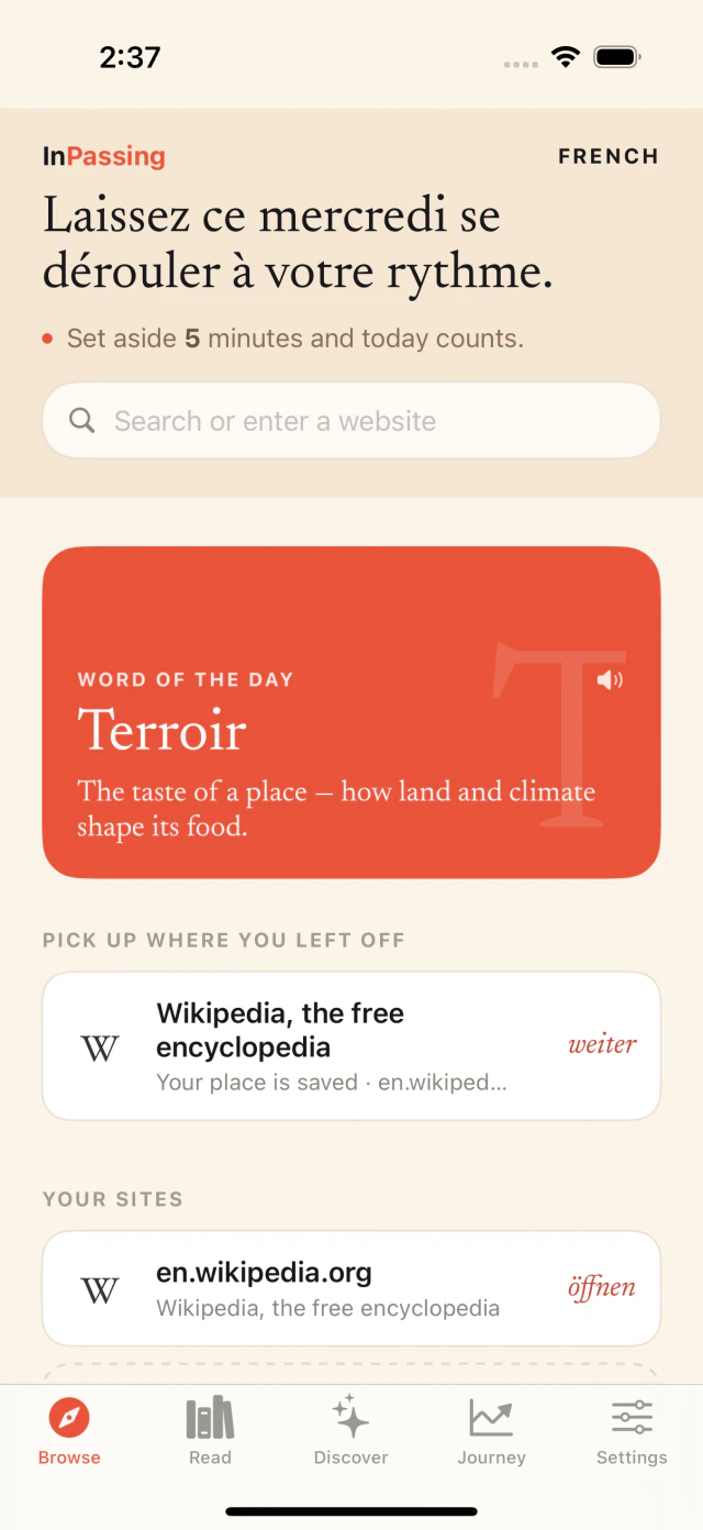 Current InPassing Browse home showing a French greeting, five-minute reading goal, word of the day, and saved Wikipedia reading